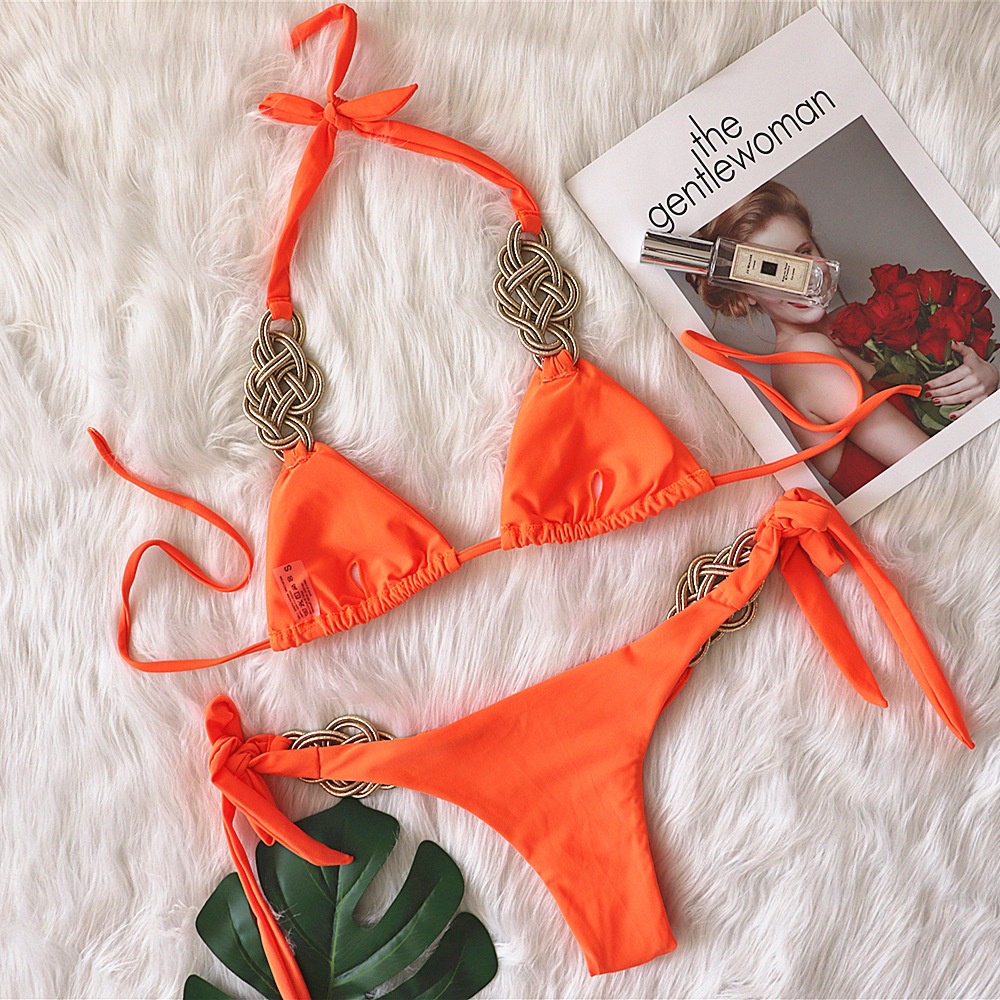 [BKN1183] &lt;ÂU&gt; SET BIKINI TRIANGLE TRẮNG/CAM NEON KHUY XOẮN QUẦN THONG/LỌT KHE