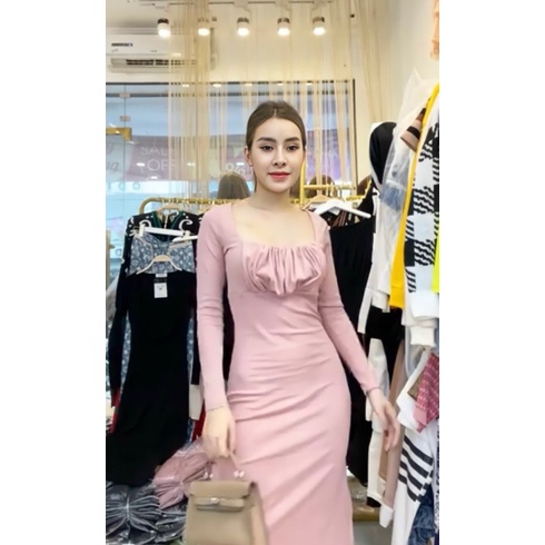 Đầm thun ôm body, tay dài, dún m ngực (2 màu: Hồng phấn/ Xanh chuối)