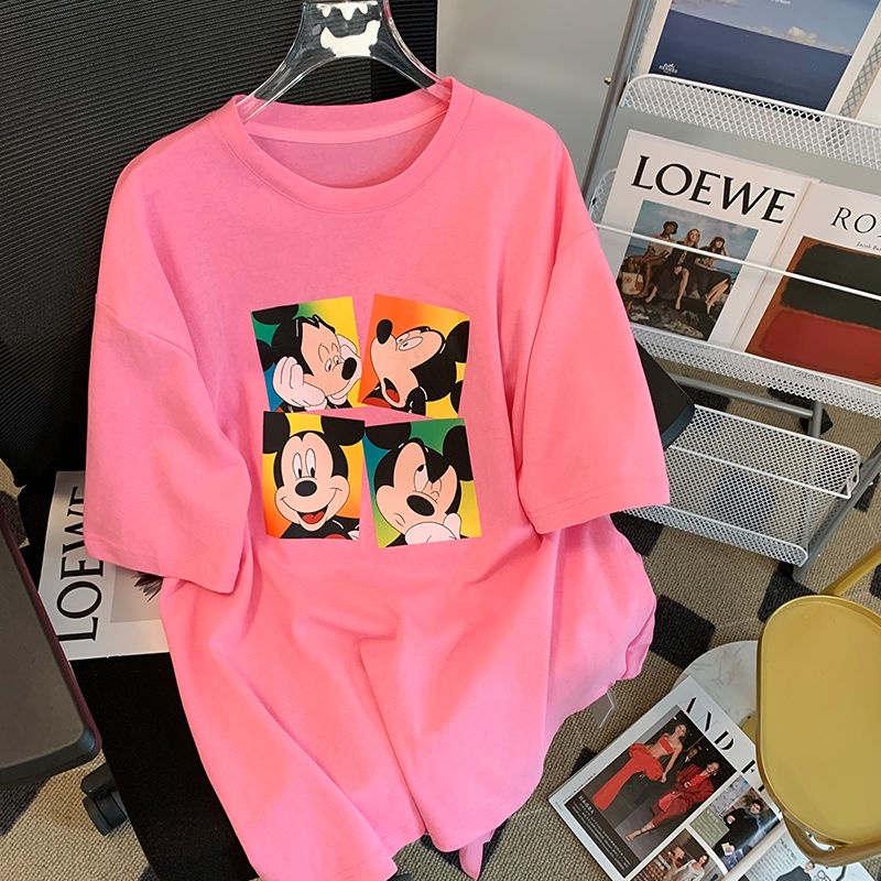 Áo Thun Lưới Tay Ngắn Phối Nơ In Họa Tiết Chuột Mickey Hoạt Hình Dành Cho Nữ