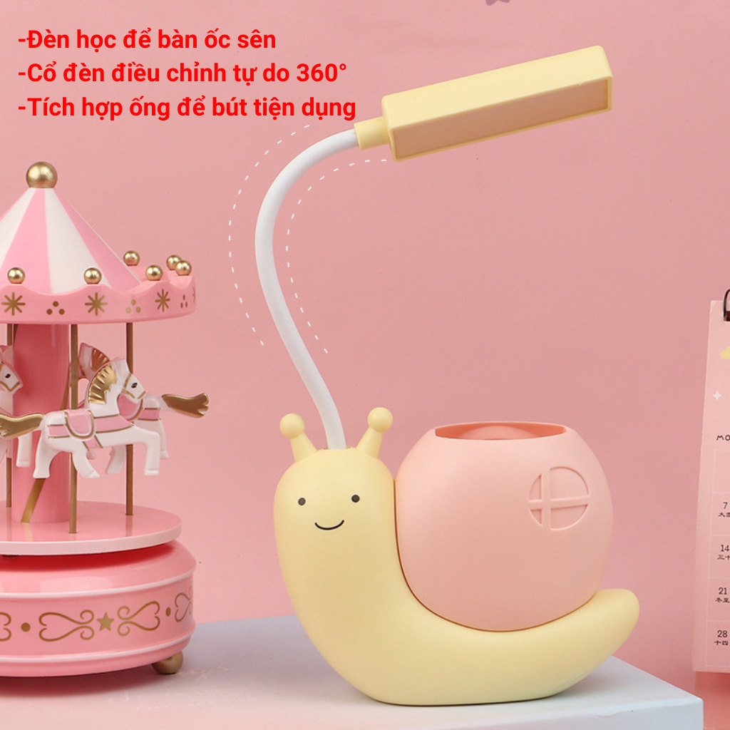 Đèn led mini để bàn học, bàn làm việc, chống cận,hình ốc sên ,thân đèn điều chỉnh 360 độ, có ống để bút tiện lợi