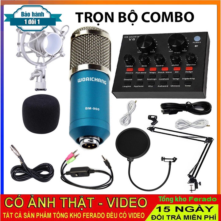 Combo Bộ míc thu âm BM900 và Sound Card V8 ,Dây live stream ,giá đỏ ,màn lọc âm