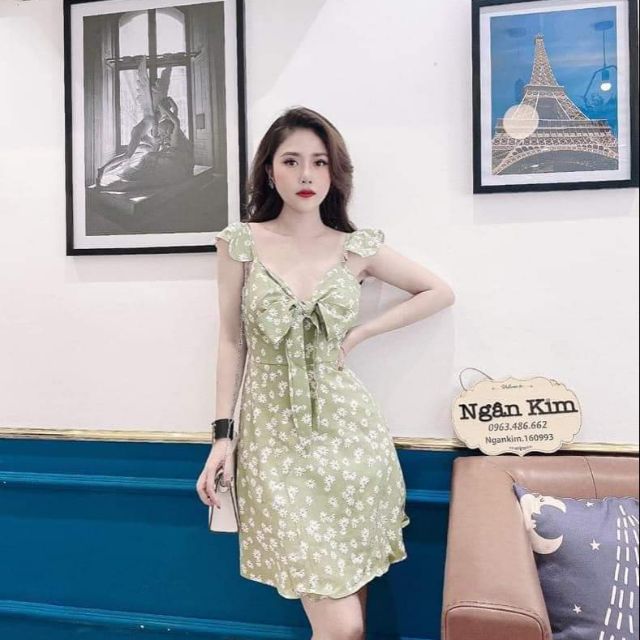 Đầm hoa cánh tiên nơ ngực 2 màu mã 276