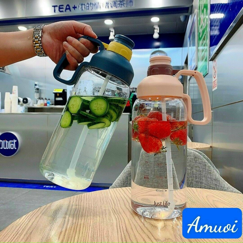 Bình nước 1800ml có ống hút và tay cầm - Lọ nước có ống hút và tay cầm 1800ml