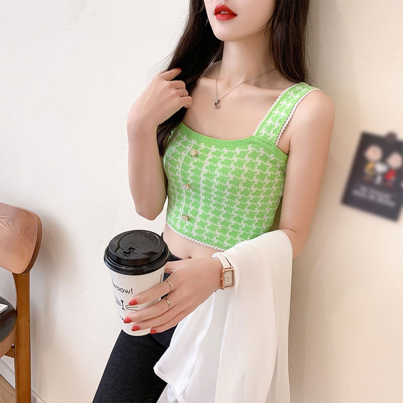 Brroa Áo Croptop Dệt Kim Dây Bản Rộng Cài Nút Họa Tiết Houndstooth Đính Ngọc Trai Cho Nữ