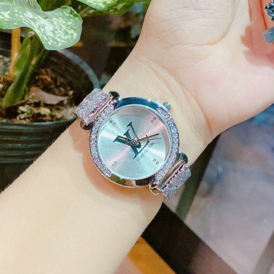 Đồng hồ nữ LV viền đá, mặt trơn sáng, hàng full box, thẻ bảo hành 12 tháng -Donghp.lv (Đồng hồ thời trang nữ)