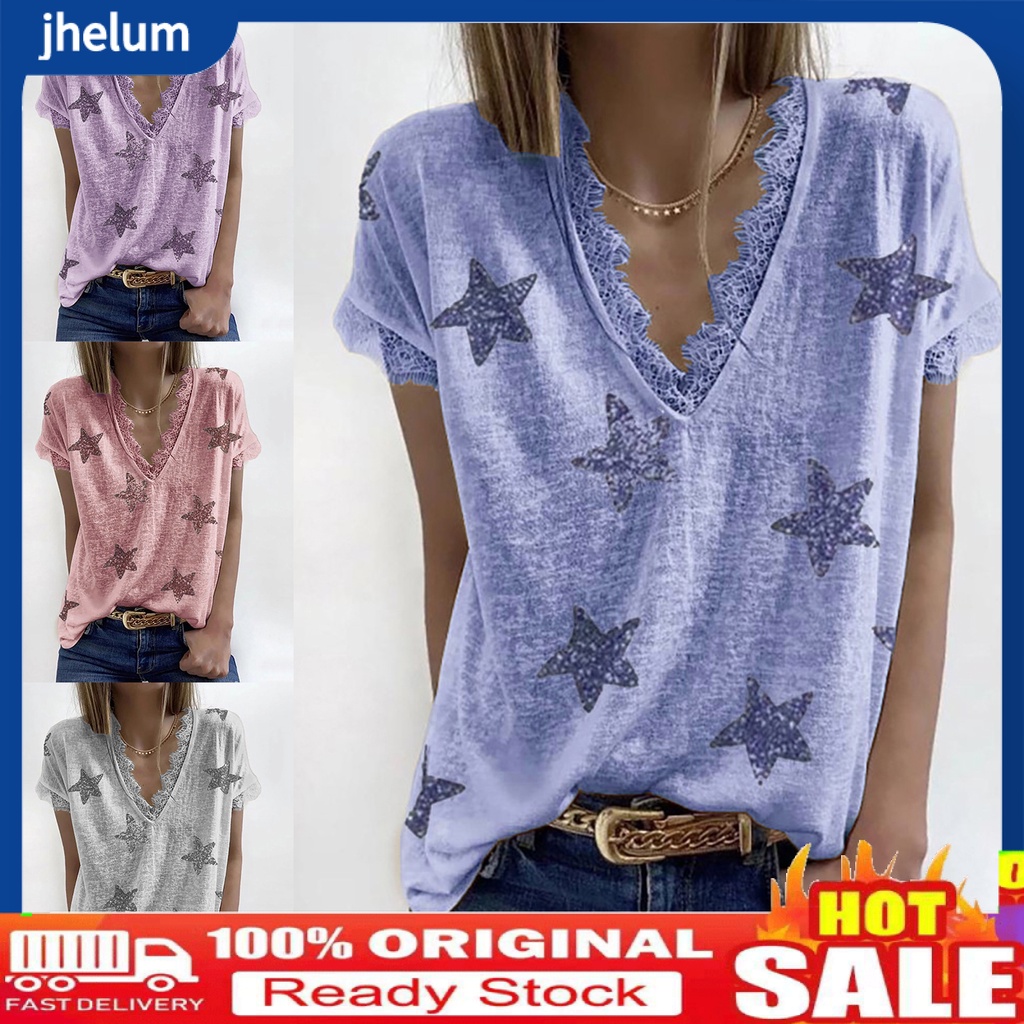 Áo Thun Nữ Ngắn Tay Cổ Chữ V In Hình Ngôi Sao Năm Cánh Thời Trang Mùa Hè Cá Tính