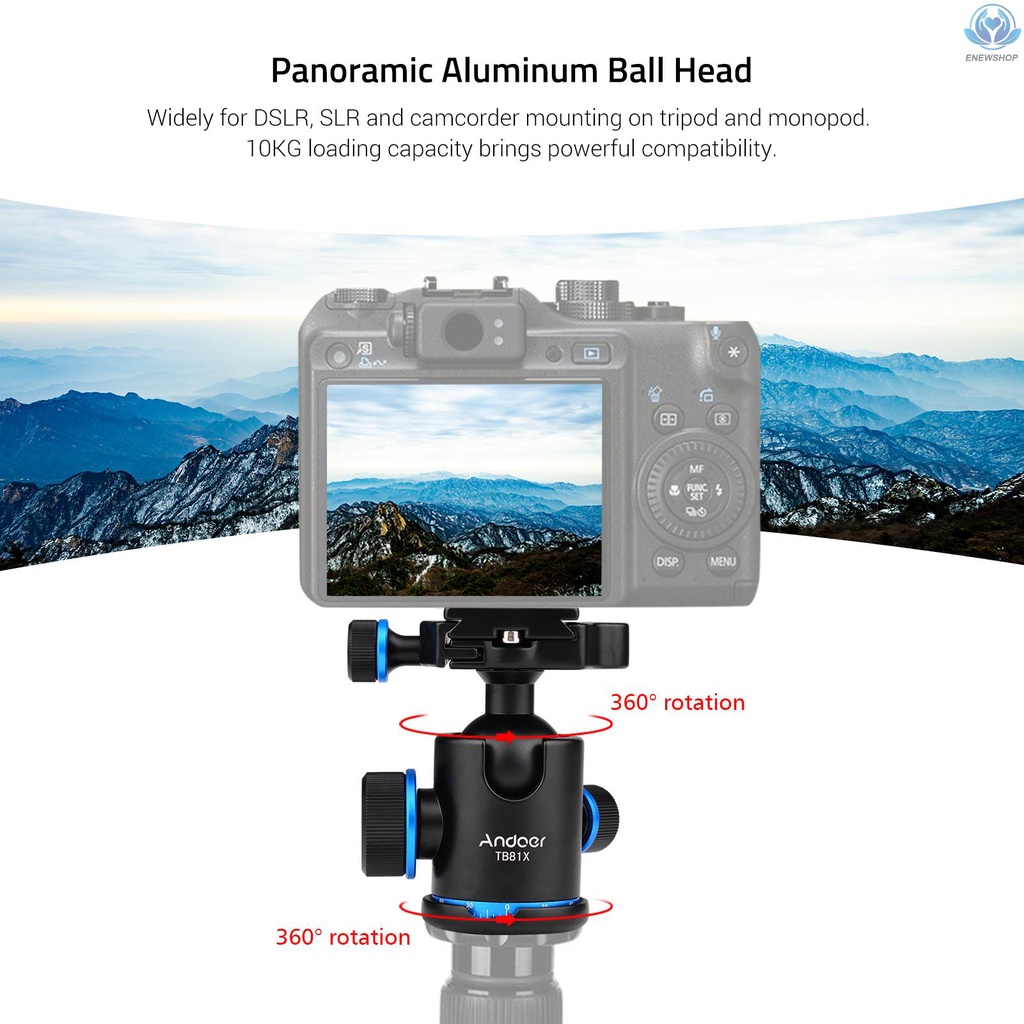 【enew】Andoer Aluminum Camera Panoramic Damper Ball Head Tripod Head 10KG Payload 360° Swivel 90° Flip with Quick Release Plate Scaled Plate Dual Bubble Level Universal 1/4in 3/8in Mounting