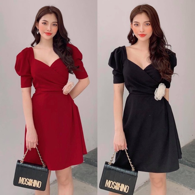 Đầm xoè cổ đắp chéo tay phồng 2 màu