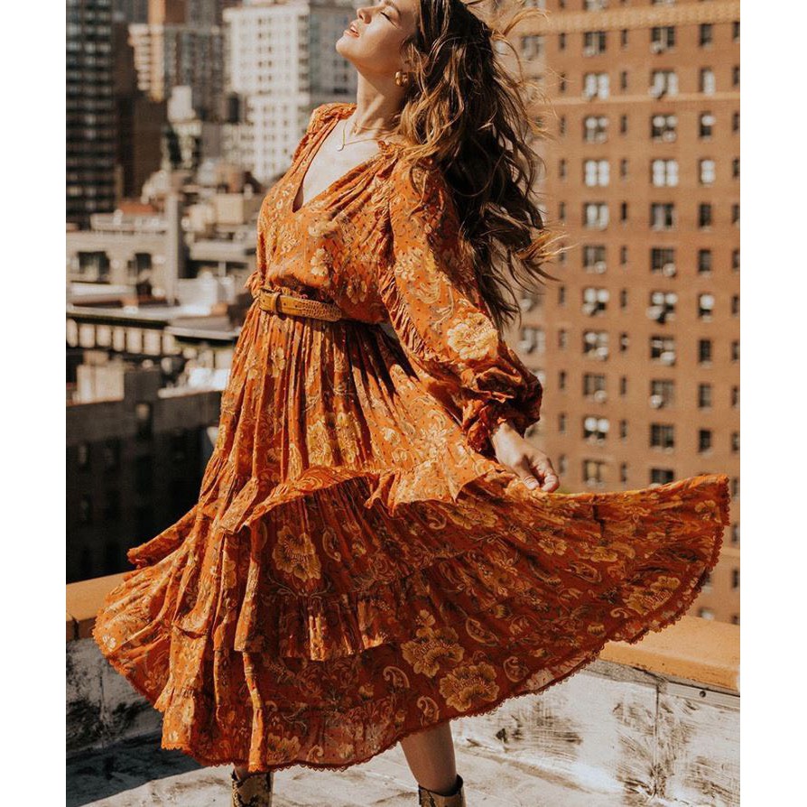 Đầm maxi suông cam nâu