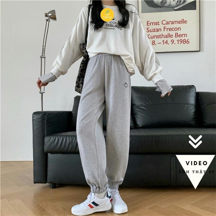 Quần Jogger Nỉ Nữ Thêu Mặt Cười Quần Ống Rộng Bo Gấu Chất Nỉ Dày Dặn Tep Venus