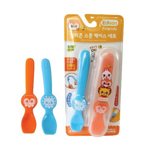 Đồ dùng ăn dặm cho bé MADE IN KOREA Set 2 thìa silicone cho bé ăn dặm Edison  set hình Cú, Sư tử và Set hình Thỏ, Cú