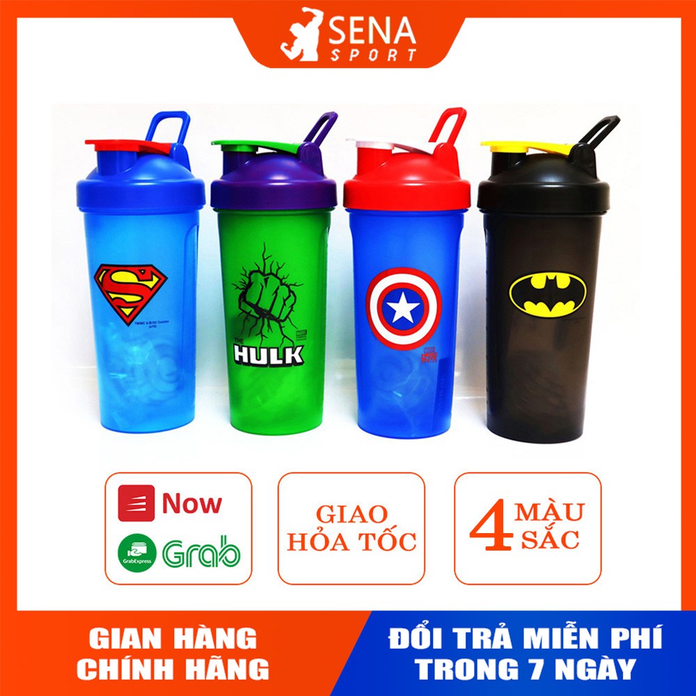 Bình Lắc Shaker Tập Gym ⭐️FREE SHIP⭐️ Bình nước thể thao Siêu Anh Hùng 600ml