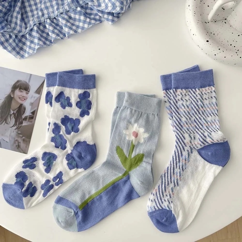 Summer Cute Socks korean style women Japanese Flower Socks Sky Blue Sweet Floral Socks Cute Fresh Socks Soft Casual Long Socks