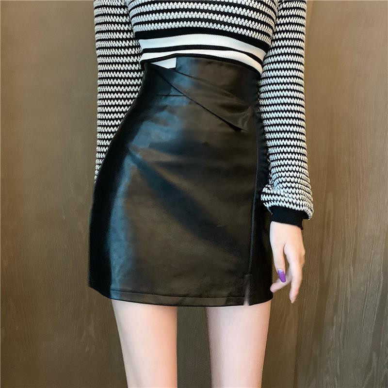 Korean style fashion high waist A-line skirt Small skirt Sexy leather skirt