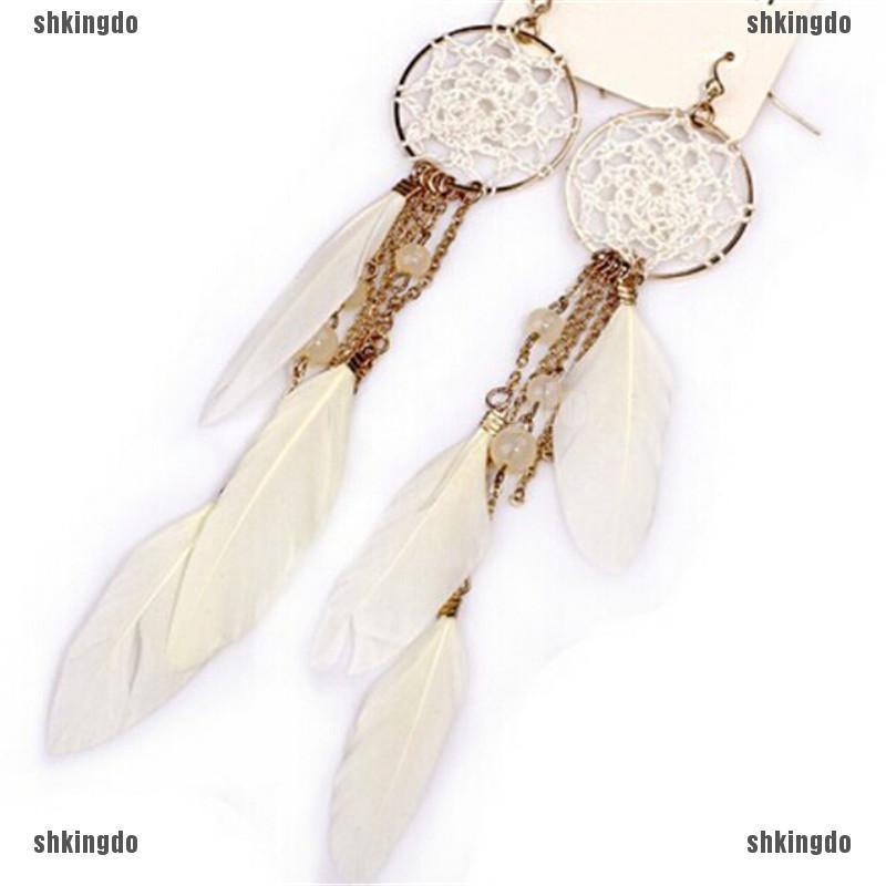 Hoa tai dáng dài phong cách Dreamcatcher phối tua rua lông vũ thời trang