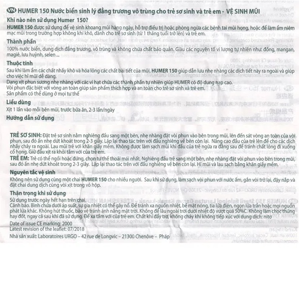 Dung dịch xịt mũi đẳng trương trẻ em Humer 150 Nose Hygiene Infant 150ml