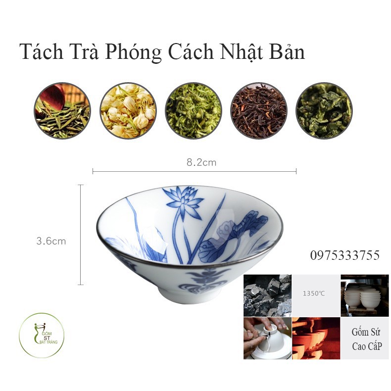 Chén Uống Trà Gốm Sứ Bát Tràng Họa Tiết Hồ Sen Vẽ Tay [ Phong cách Nhật Bản]