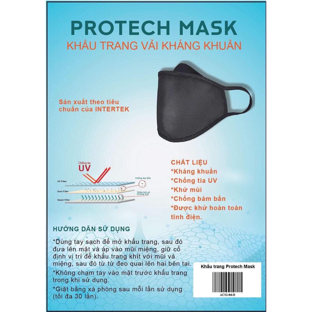 Khẩu trang kháng khuẩn 3 lớp PROTECH MASK - Ngăn chặn Virut vi khuẩn tối ưu tiêu chuẩn Intertex Châu Âu