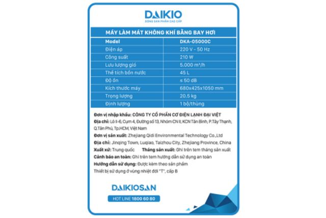 Quạt điều hòa Daikio DKA-05000C. New100%