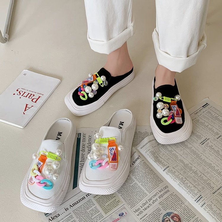 [ Mã 66CBSALE giảm 30K đơn 200K] Dép Vải Canvas Đế Bằng Mũi Vuông Đính Ngọc Trai Xinh Xắn | BigBuy360 - bigbuy360.vn