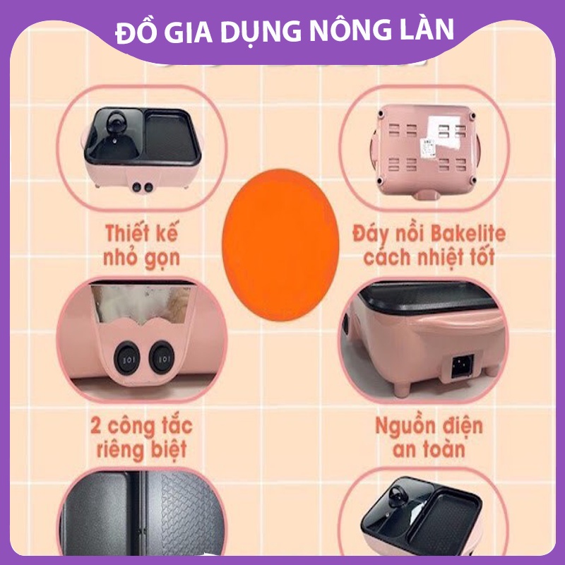 Bếp lẩu nướng 2 in 1 NLSHOP mini đa năng bảo hành 6 tháng chống dính, nồi lẩu nướng 2 ngăn hàn quốc