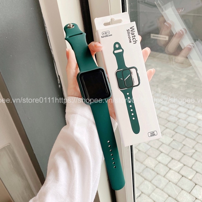 Dây silicon + Ốp kèm kính cường lực dành cho Apple watch 38mm/40mm/41mm/42mm/44mm/45mm