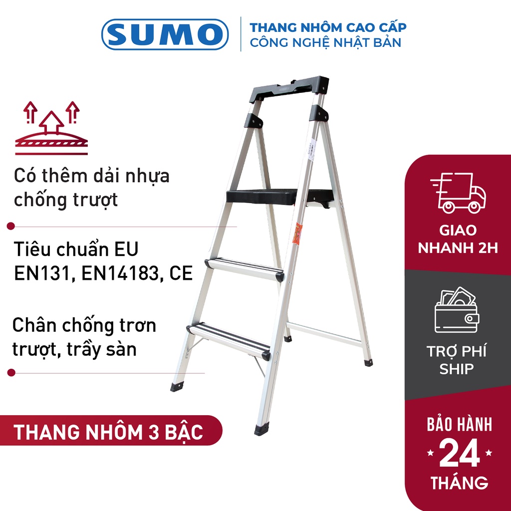 Thang nhôm ghế 3-4-5 bậc có tay vịn gấp gọn cao 1,2m-1,5m-1.7m nhập khẩu Thái Lan Sumo, thang ghế gia đình xếp gọn