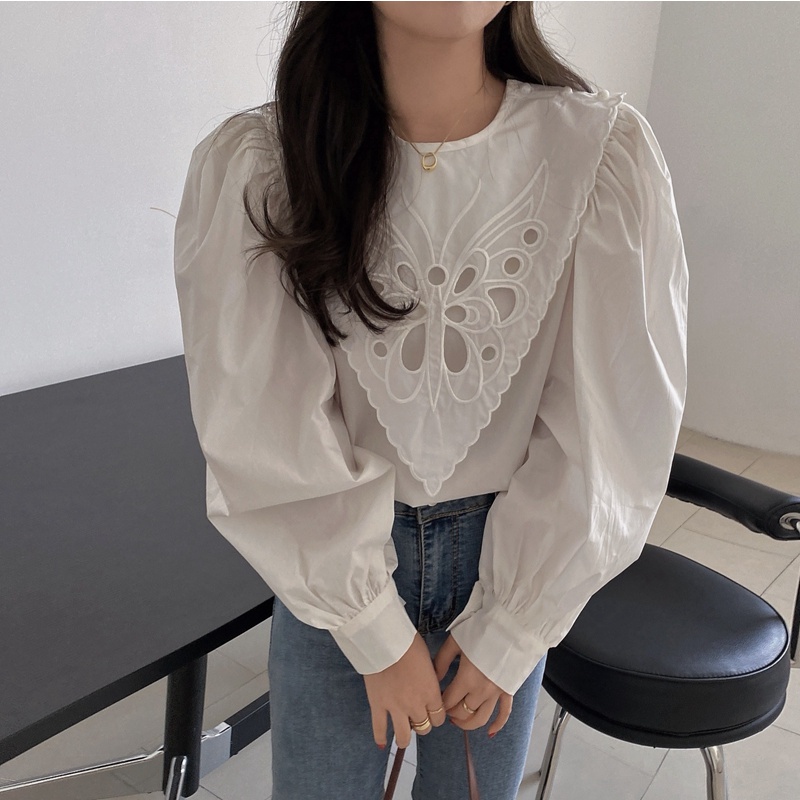 Áo sơ mi trắng kiểu cổ ren tay bồng tiểu thư phong cách Hàn Quốc ulzzang