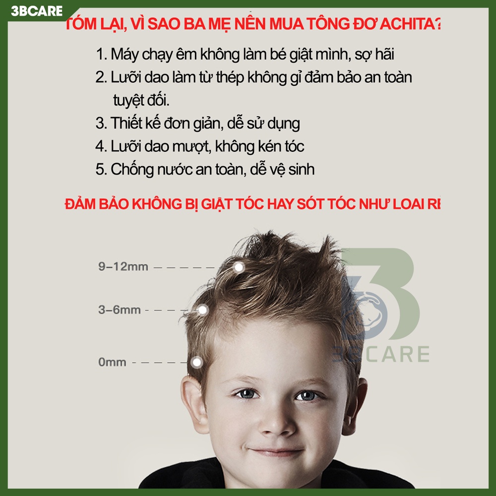 Tông đơ cắt tóc cho bé ACHITA lưỡi cắt gốm không gỉ, chống giật tóc, chống ồn