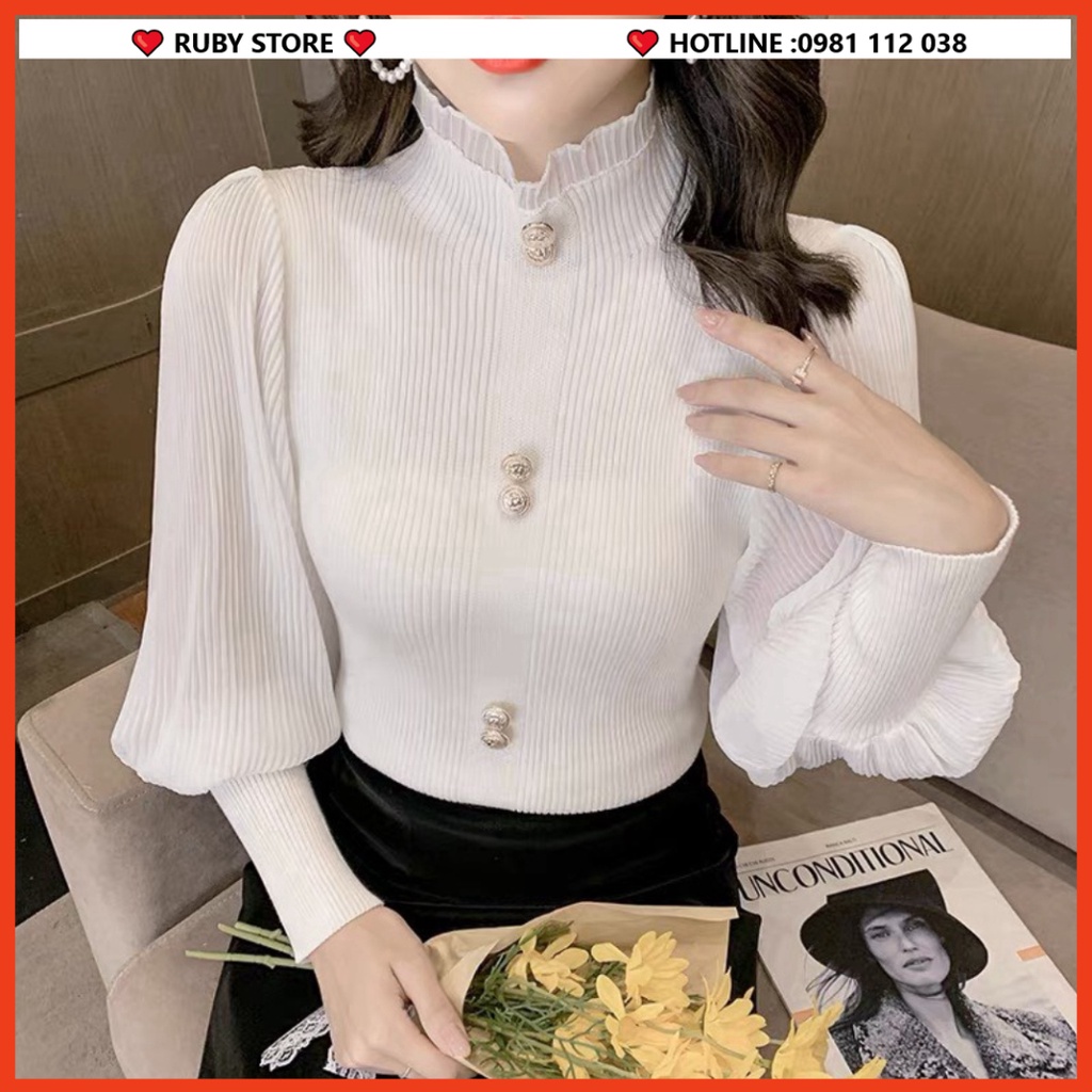 ÁO LEN NỮ CỔ LỌ TAY BỒNG chất liệu len tăm dày mịn phối vải von lụa dập li đẹp s252 -[FREE SHIP]
