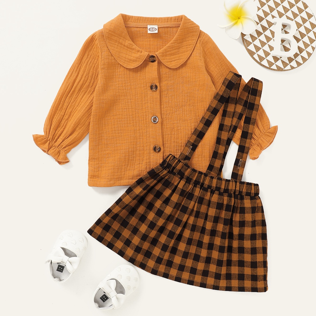 Set 2 món MIKRDOO gồm áo sơ mi dài tay cổ peter pan và chân váy yếm cotton sọc caro cho bé gái sơ sinh