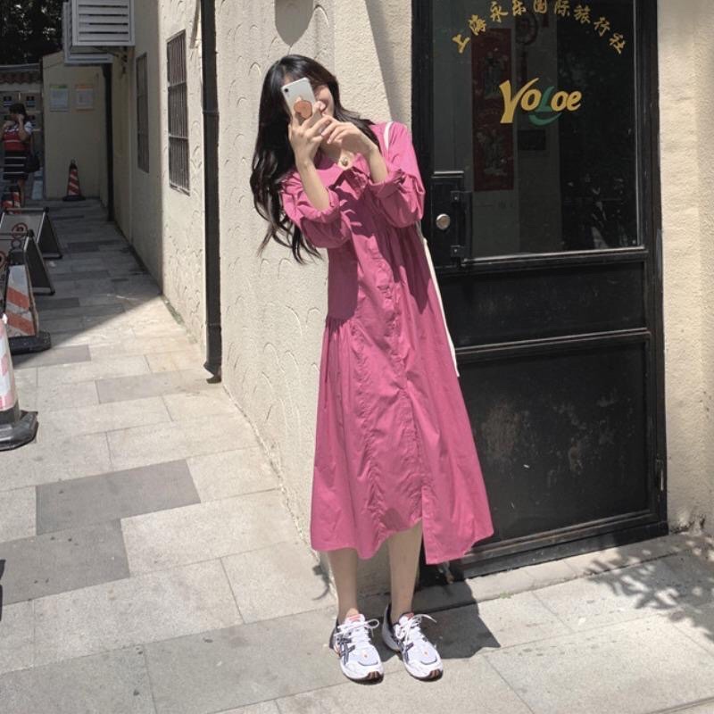 VÁY SƠ MI DÀI TAY DÁNG DÀI MÀU HỒNG DỄ THƯƠNG HÀN QUỐC