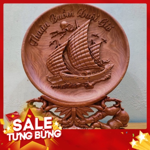 Đĩa trang trí phong thủy khắc chữ THUẬN BUỒM SUÔI GIÓ gỗ hương