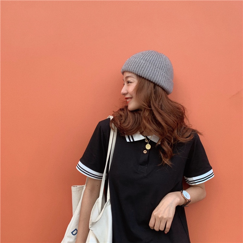 Đầm Cotton Ngắn Tay Cổ Polo Thời Trang Hàn Quốc Cho Nữ