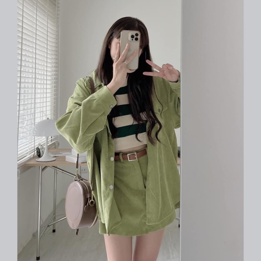 Set áo khoác sơ mi nhung tăm dài tay mix chân váy chữ A trẻ trung