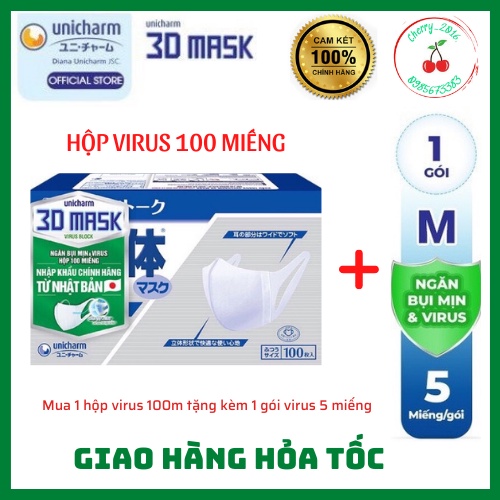 Khẩu trang 3D ngăn VIRUS hộp 100 miếng tặng kèm thêm 1 gói virus 5 miếng