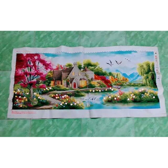 Tranh thêu chữ thập thành phẩm ngôi nhà mùa xuân