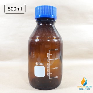Chai trung tính 500ml màu nâu hổ phách, nắp vặn xanh, chịu nhiệt