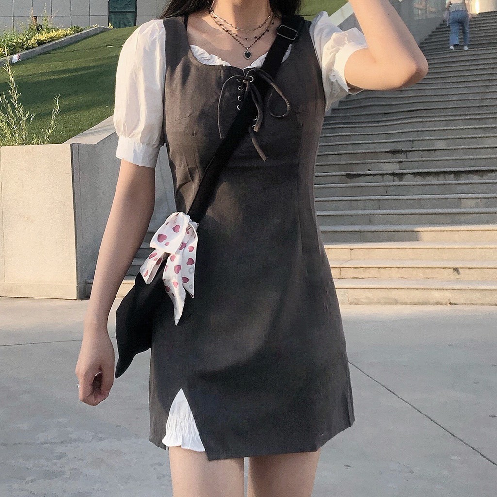 Đầm sơ mi nữ cổ vuông phối tay áo siêu xinh