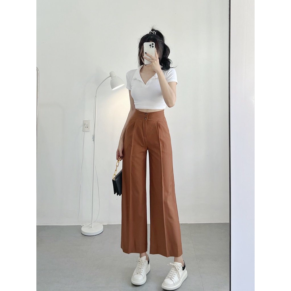 Quần Culottes nữ ống rộng HHVINTAGE kiểu 2 nút cotton lạnh co giãn Pant B01