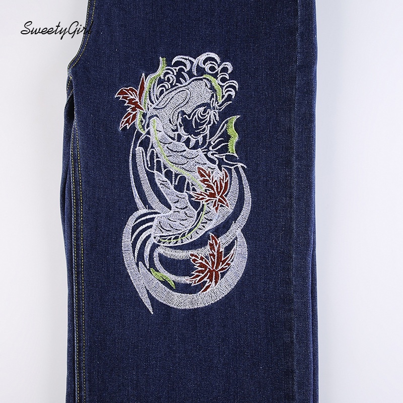 Quần Jeans Nữ Lưng Cao Thêu Hình Rồng Thời Trang