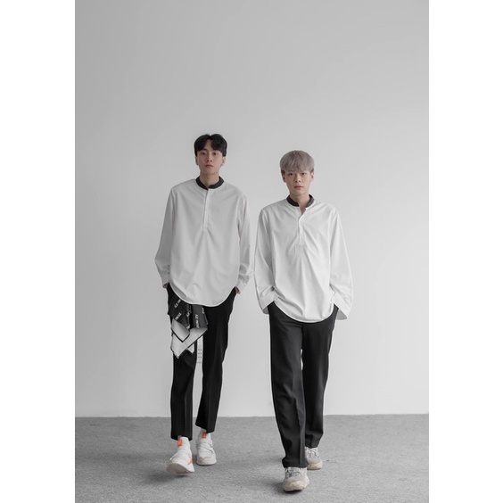 Áo sơ mi unisex Zune.zx cổ trụ form rộng đen trắng, Kido shirt