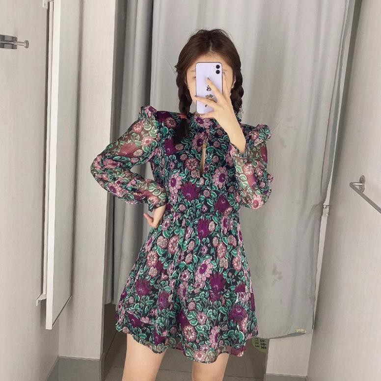 ZARA Đức - Đầm voan hoa auth new tag chính hãng dáng xòe tay dài sheer voan chiffon gân cao cấp ⭐