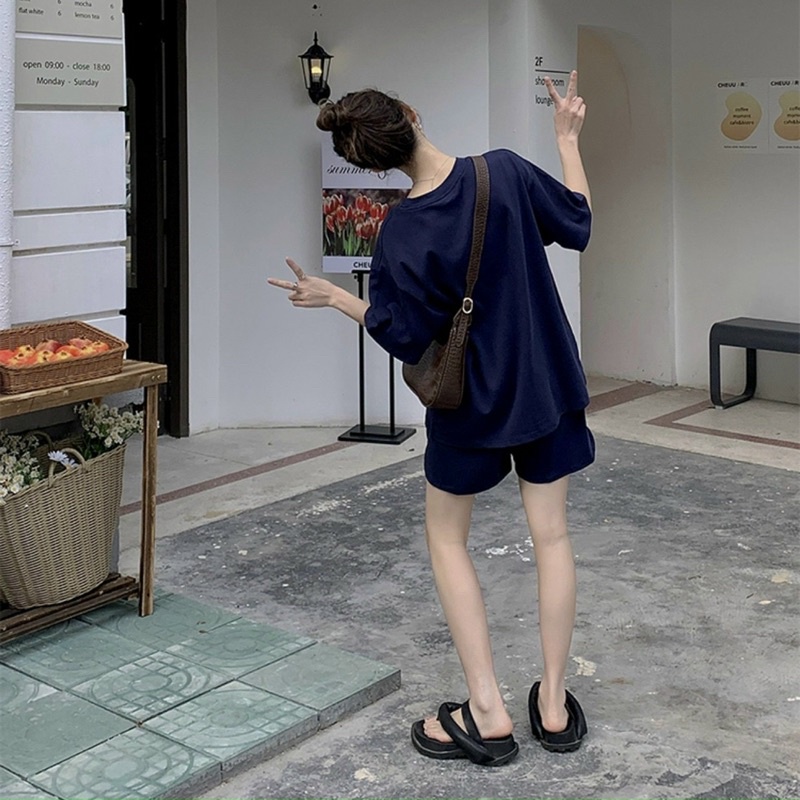 Set Bộ Đùi Short Chất Tăm Dày Đẹp Form Rộng Kiểu Dáng Unisex Nam Nữ Phong Cách Cá Tính Năng Động-Set Áo Phông Quần Short