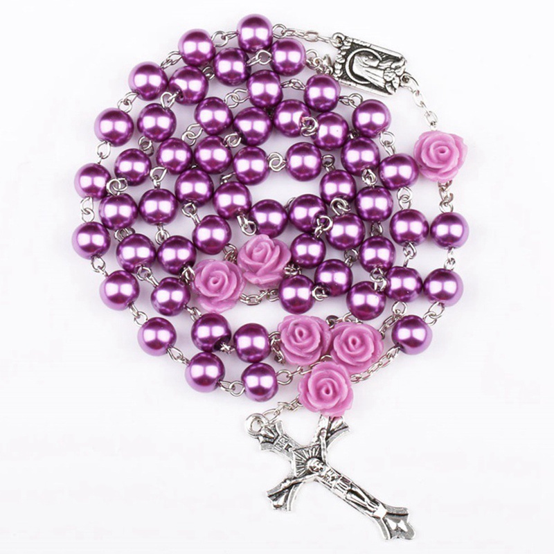 Vòng cổ mặt hình thánh giá đính ngọc trai giả 6mm 3 màu thời trang