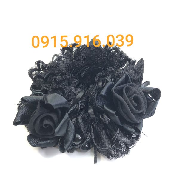 Cột tóc hoa hồng phối vải ren, Buộc Tóc Hoa Hồng Rose