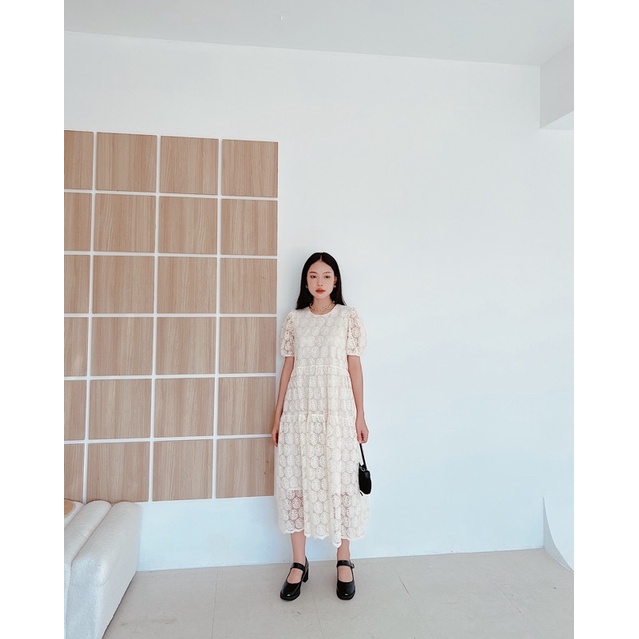 Đầm Ren Dáng Tầng Phom Suông Chất Liệu Ren Chỉ Thêu Cao Cấp Màu Vintage Phong Cách Hàn Quốc