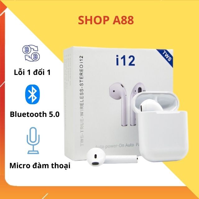 Tai Nghe i12 TWS Bluetooth Không Dây 5.0, Bản Quốc Tế, Âm Thanh chuẩn HIFI Cho Androi Và Ios