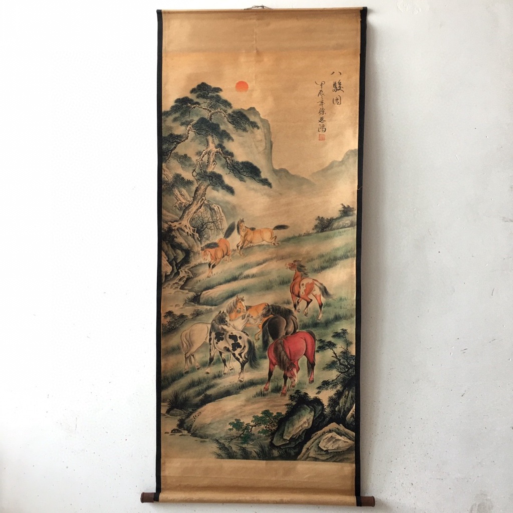 Tranh giả cổ Bát tuấn đồ, Tranh giấy xuyến chỉ viền bo lụa size lớn 155 x 74cm