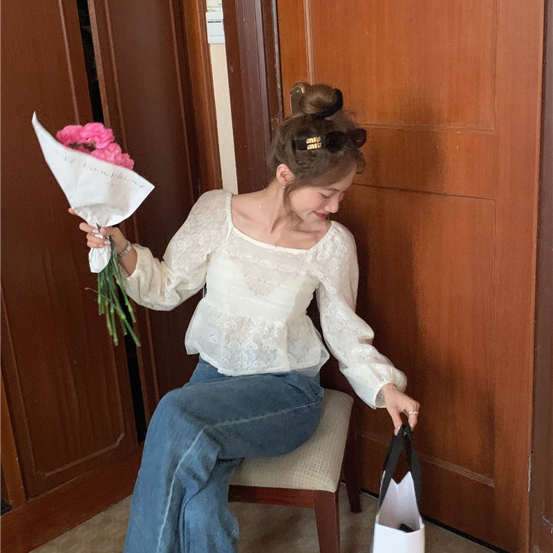 SUXI Áo Sơ Mi Chiffon Tay Dài Phối Ren Đơn Giản Ngọt Ngào Thời Trang Mùa Thu Cho Nữ